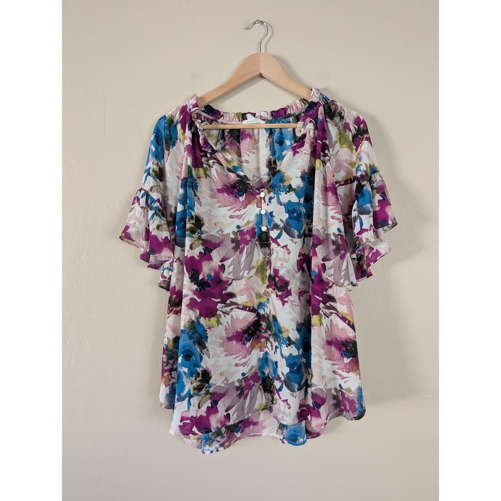 Cynthia Rowley Floral‎ Ruffle Sleeve Blouse Plus 2X Fairy Flowy Boho Romantic